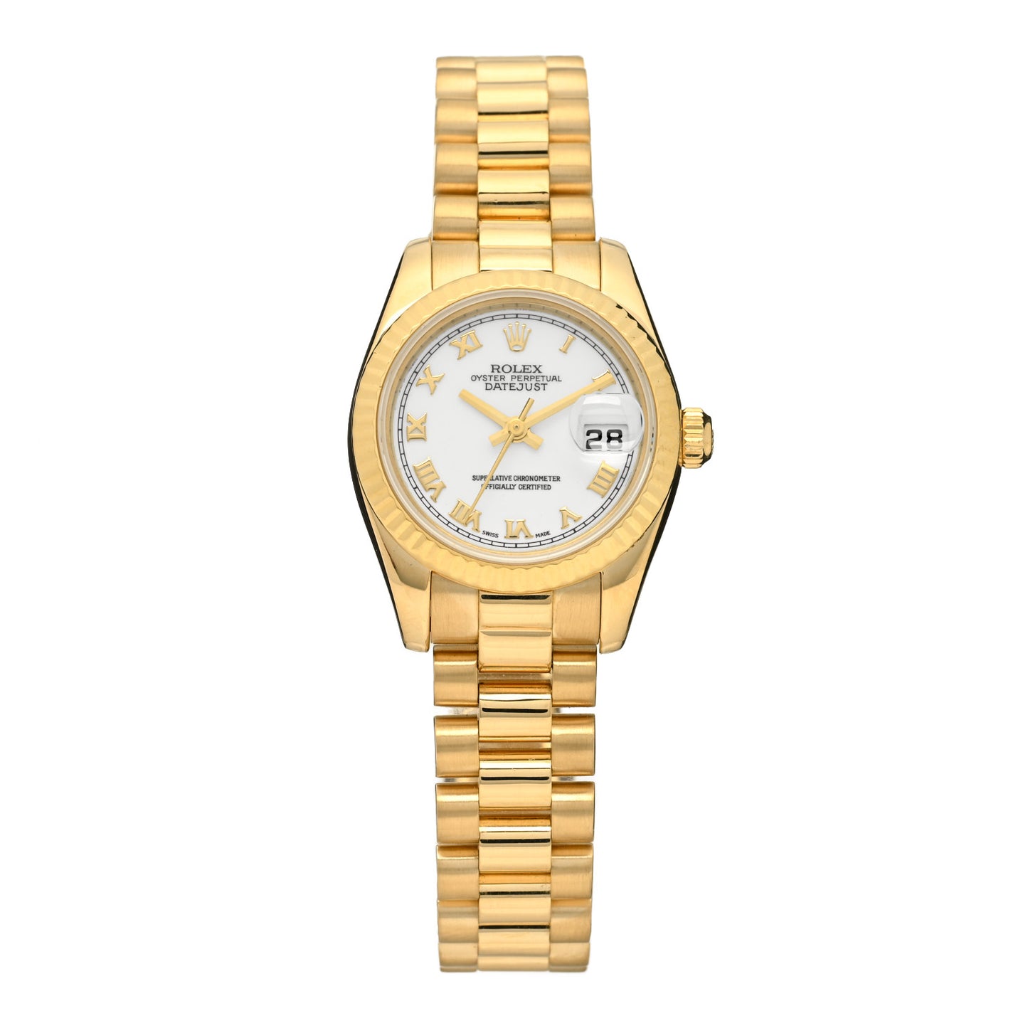 18K Yellow Gold 26mm Oyster Perpetual Datejust President Watch White Roman 179178