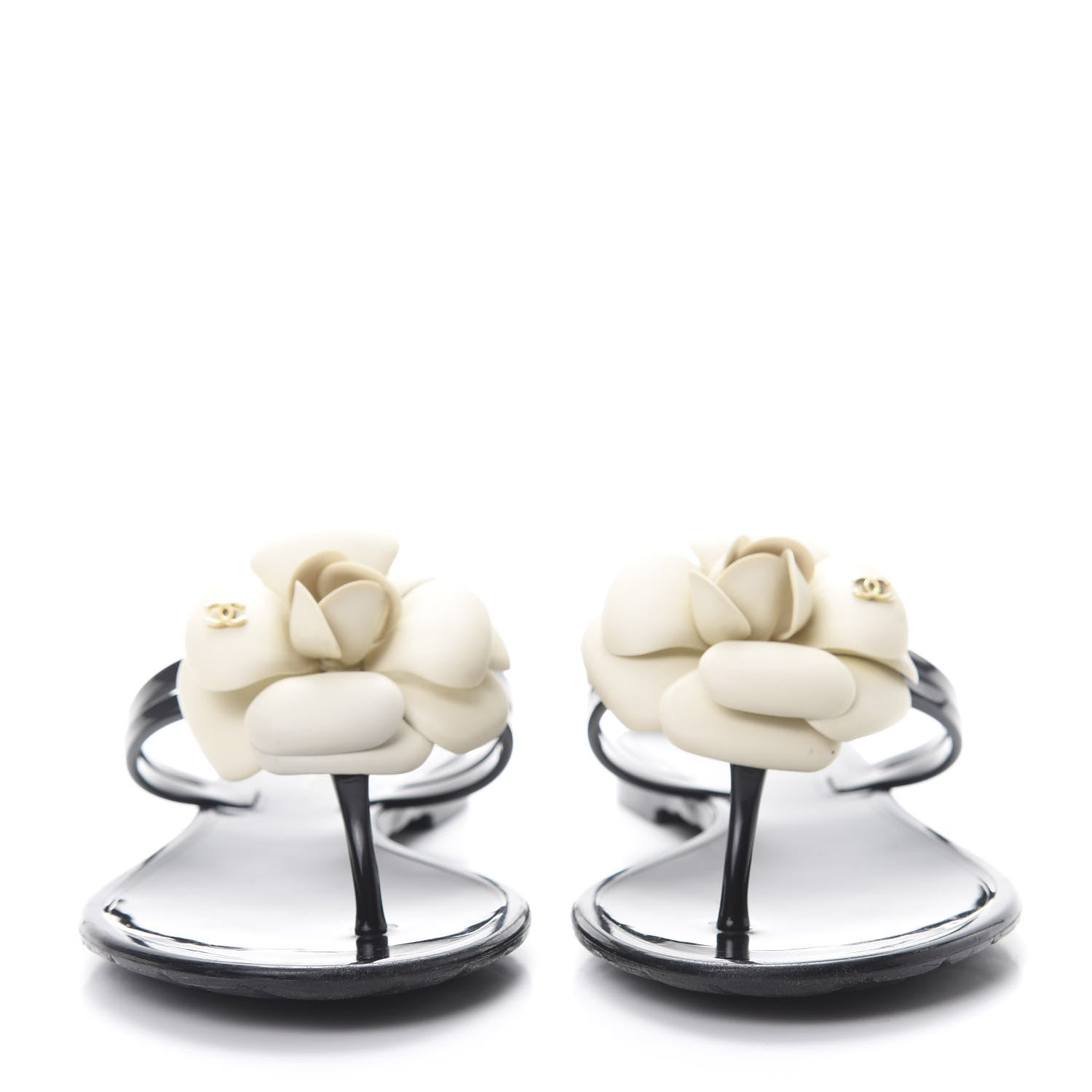 Chanel Jelly Camellia Thong Sandals 35 Black Ivory 2 of 9