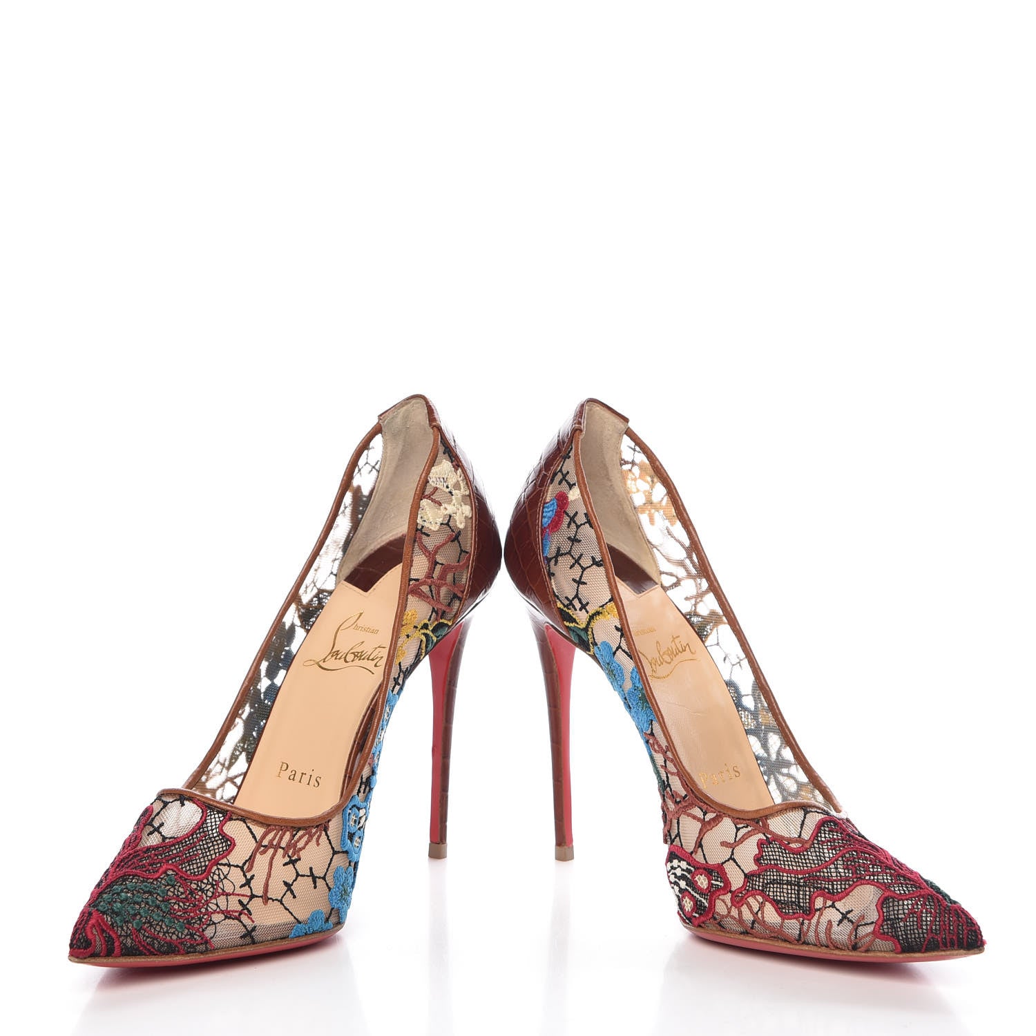 Christian Louboutin Lace Calfskin Crocodile Embossed Follies 100 Pumps 38.5 Cuoio Multicolor 5 of 13