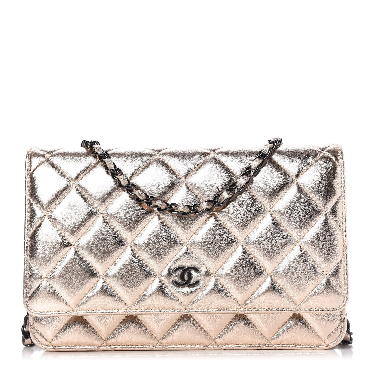 Chanel Metallic Lambskin Quilted Wallet On Chain WOC Gold Black 1 of 12