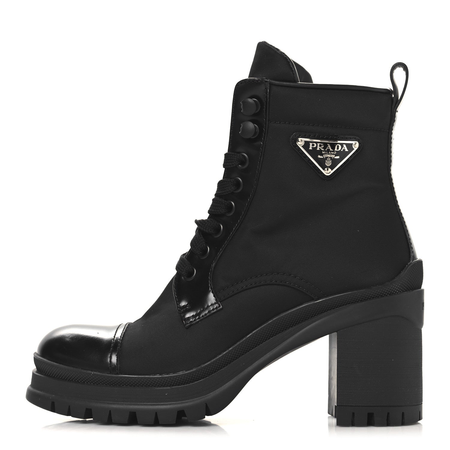 Prada Spazzolato Re-Nylon Metal Triangle Logo Lace Up 85mm Boots 35 Black 1 of 9