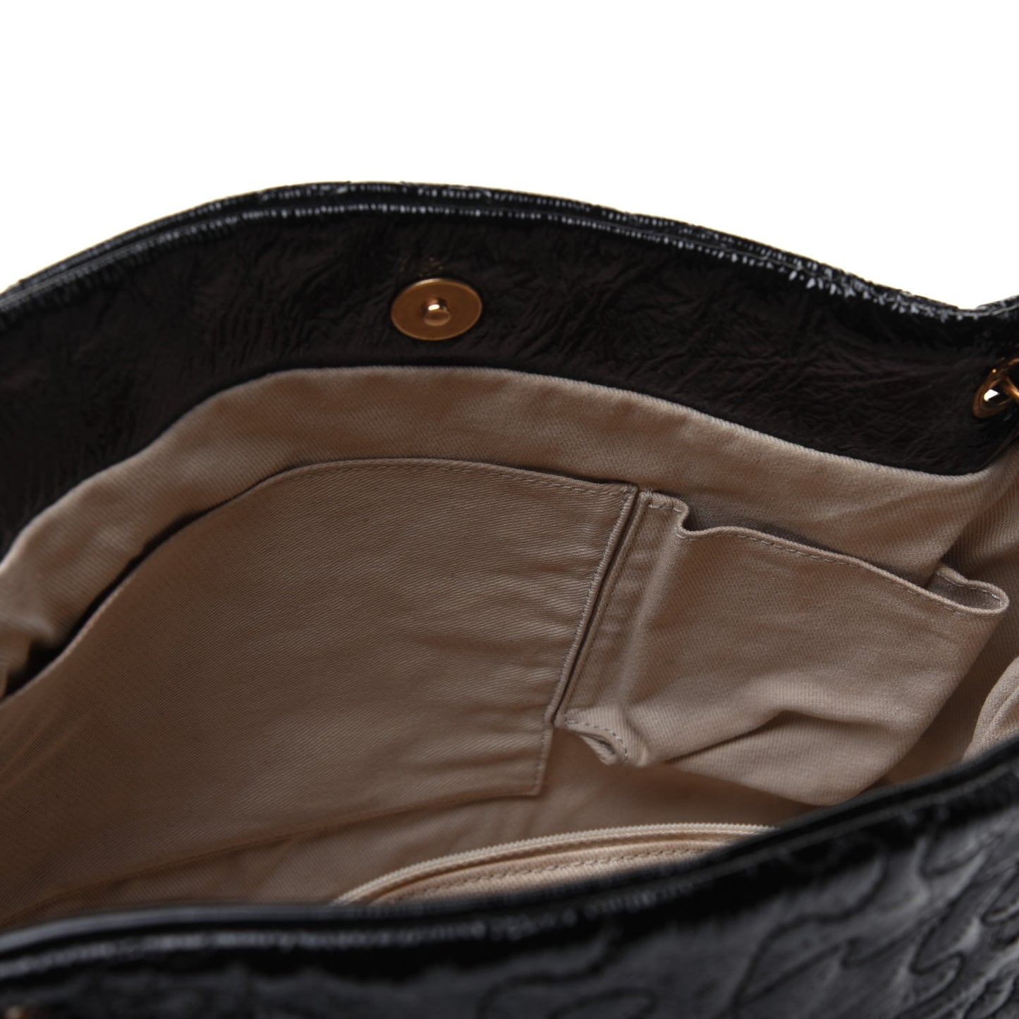 Crackled Patent Puzzle Tote Black