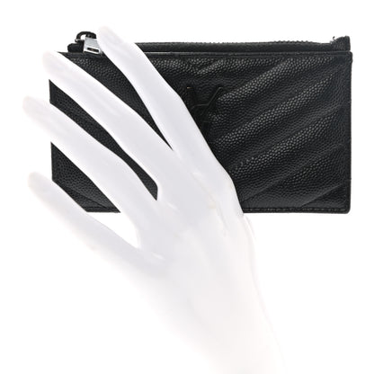 Saint Laurent Grain De Poudre Matelasse Chevron Monogram Fragments Zippered Card Case Black 2 of 8