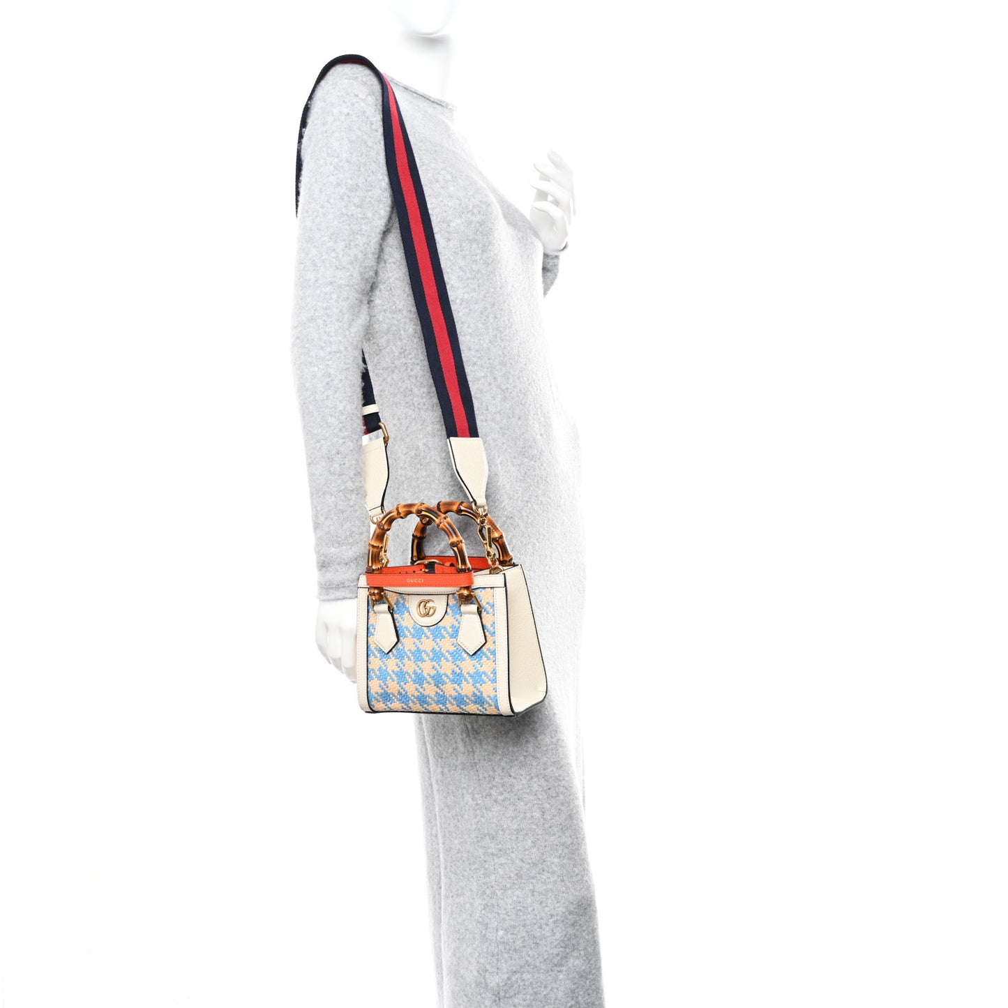 Raffia Calfskin Web Houndstooth Small Diana Tote Bag Light Blue Natural Deep Orange