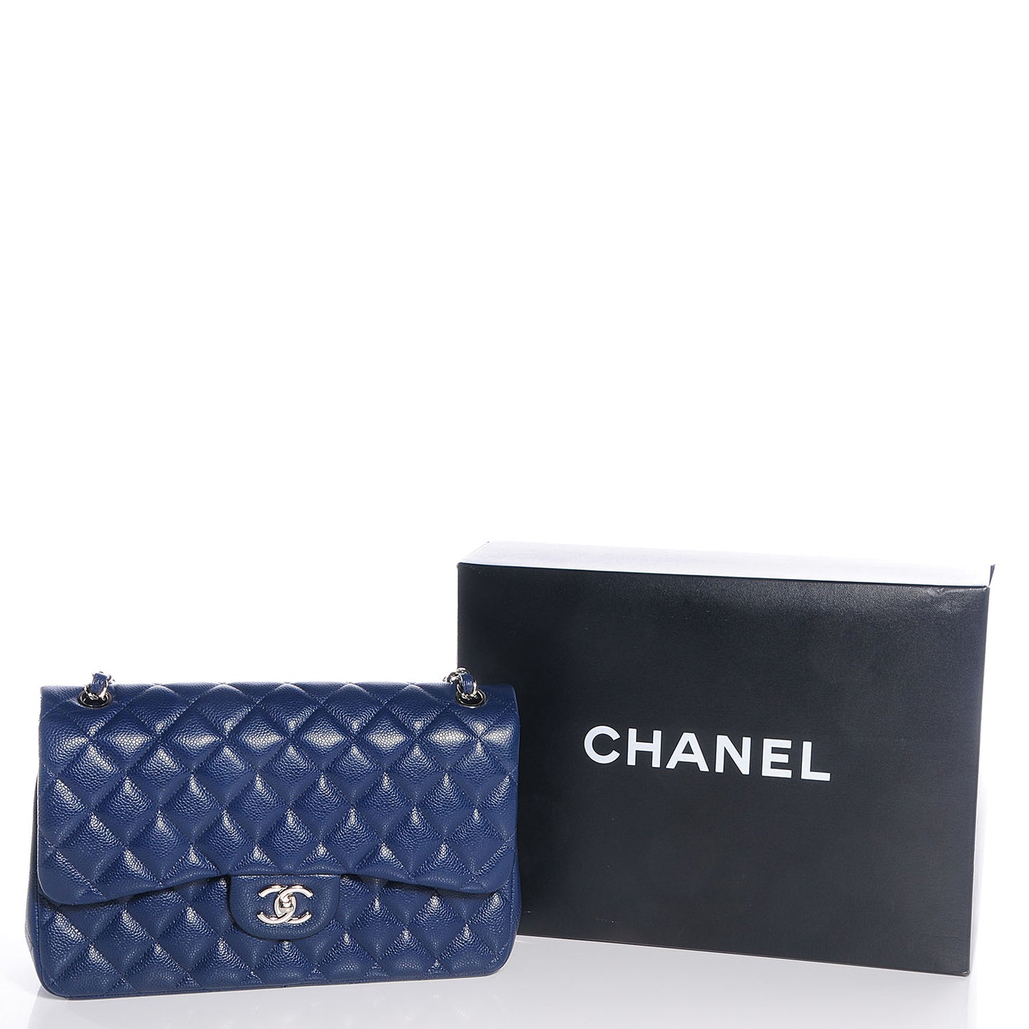 Caviar Quilted Jumbo Double Flap Navy Blue