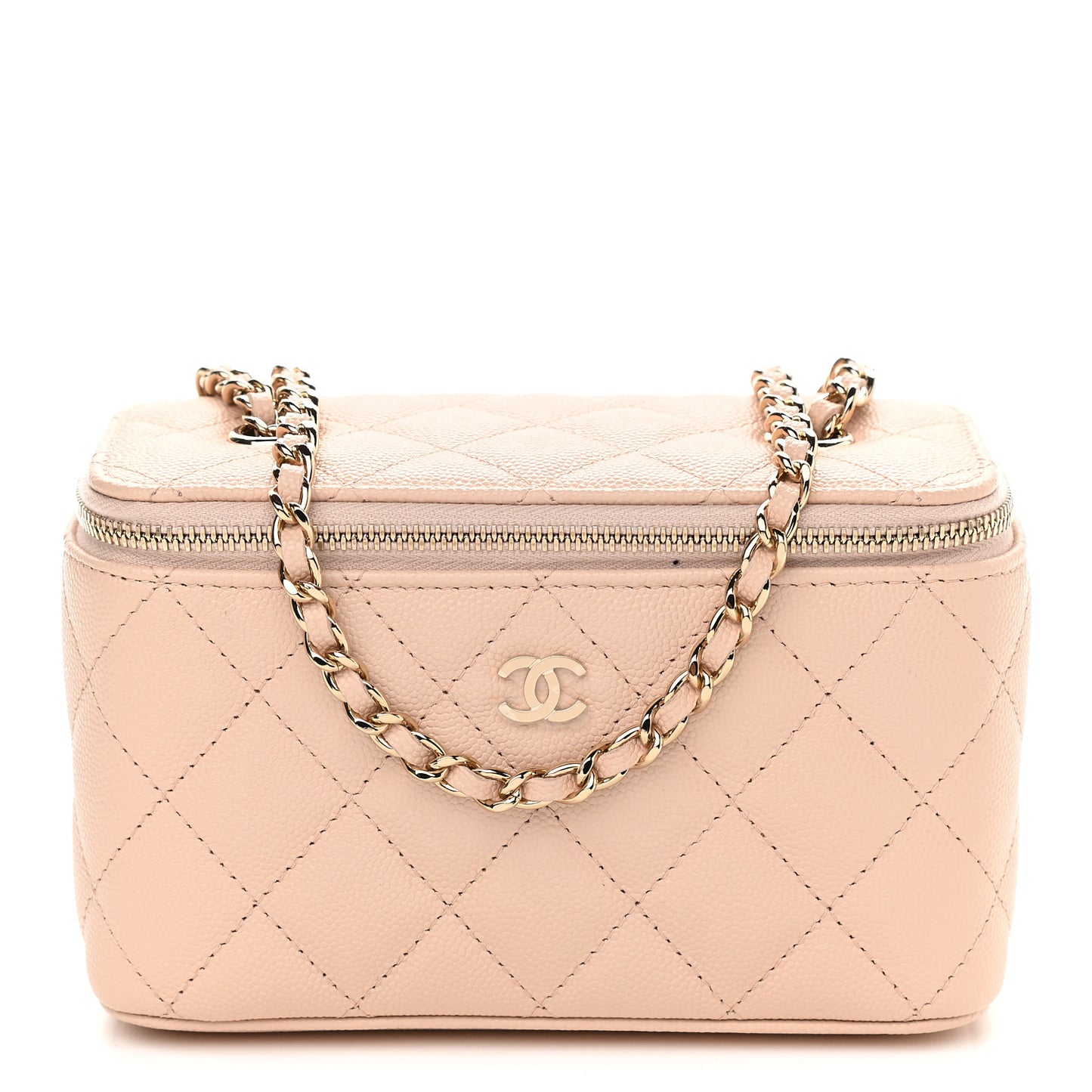 Caviar Quilted Small Vanity Case With Chain Light Beige