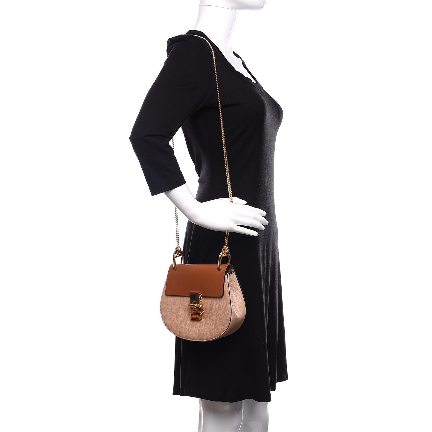 Grained Calfskin Lambskin Mini Bi-Color Drew Shoulder Bag Powder Beige Caramel