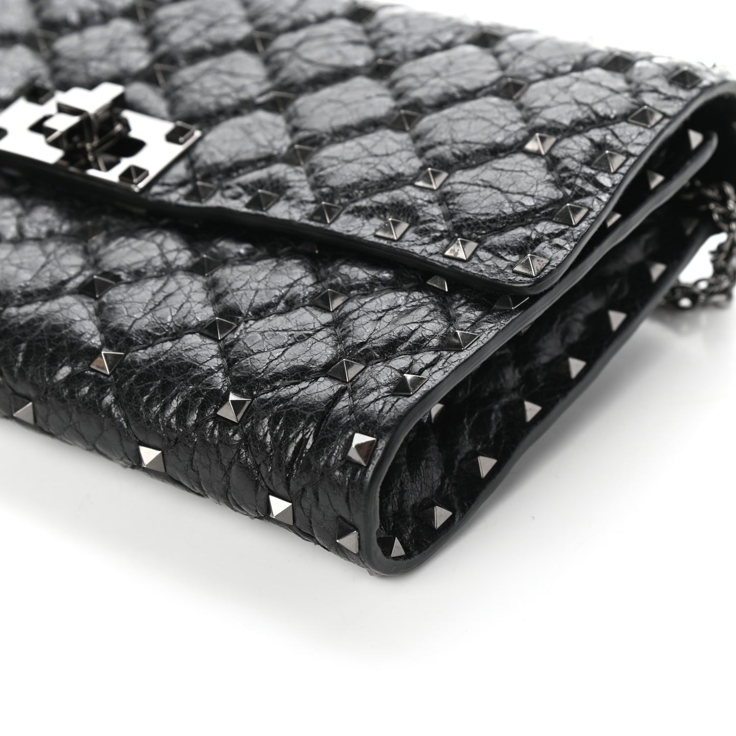 Craquele Nappa Rockstud Spike Wallet on Chain Black