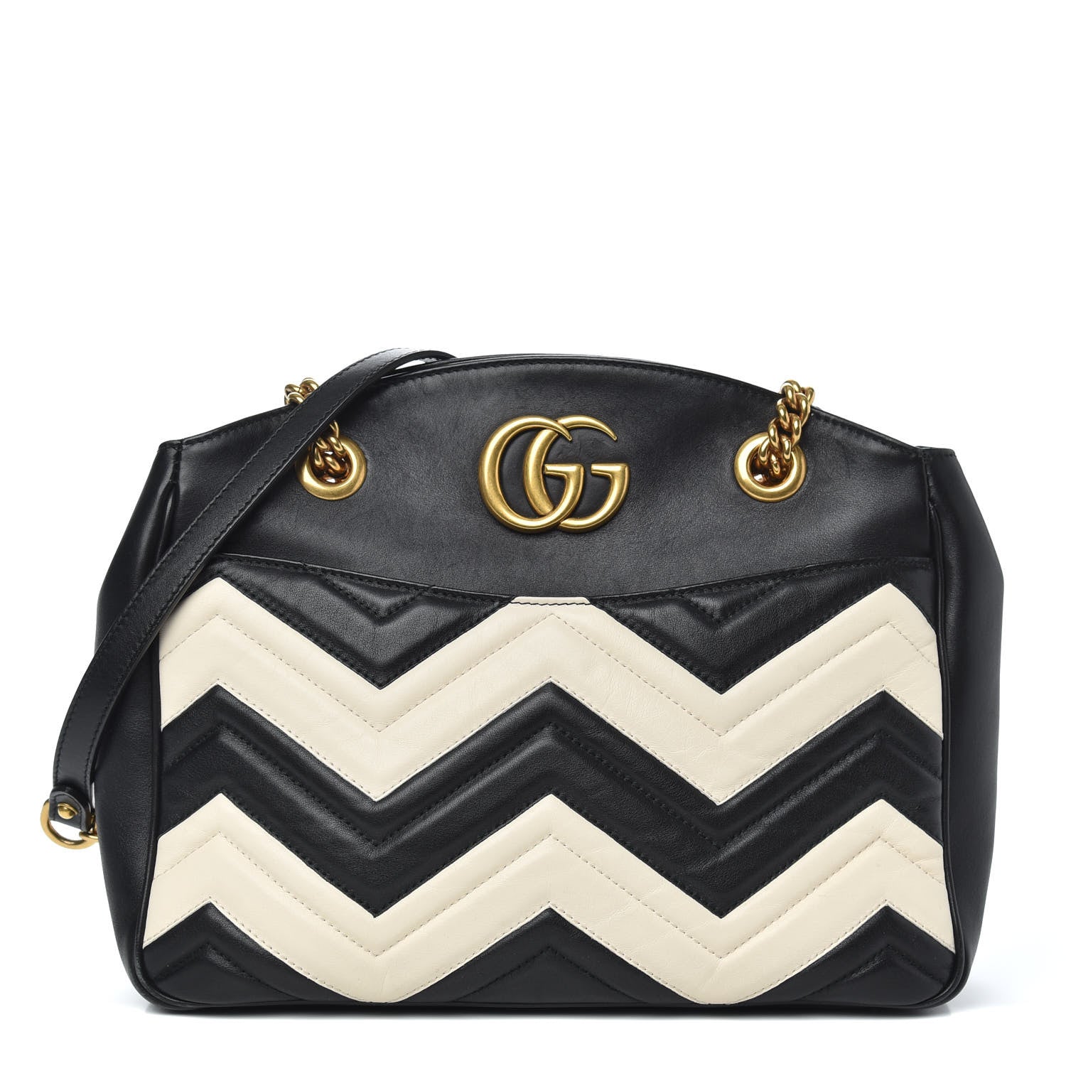 Gucci Calfskin Matelasse Medium GG Marmont Open Top Shoulder Bag Black White 1 of 12