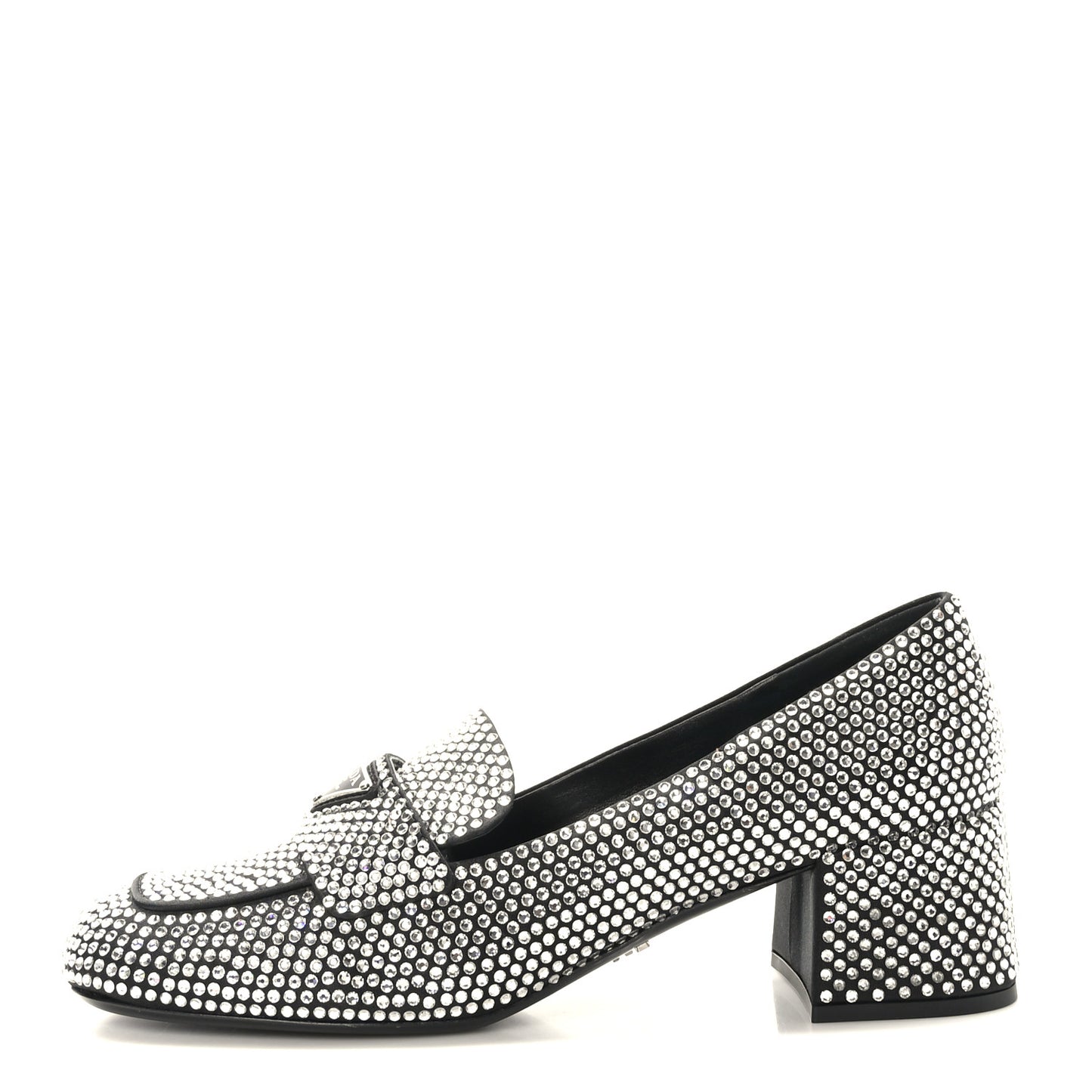 Satin Crystal Embellished Womens Metal Triangle Logo 50mm Loafers 37.5 Crystal