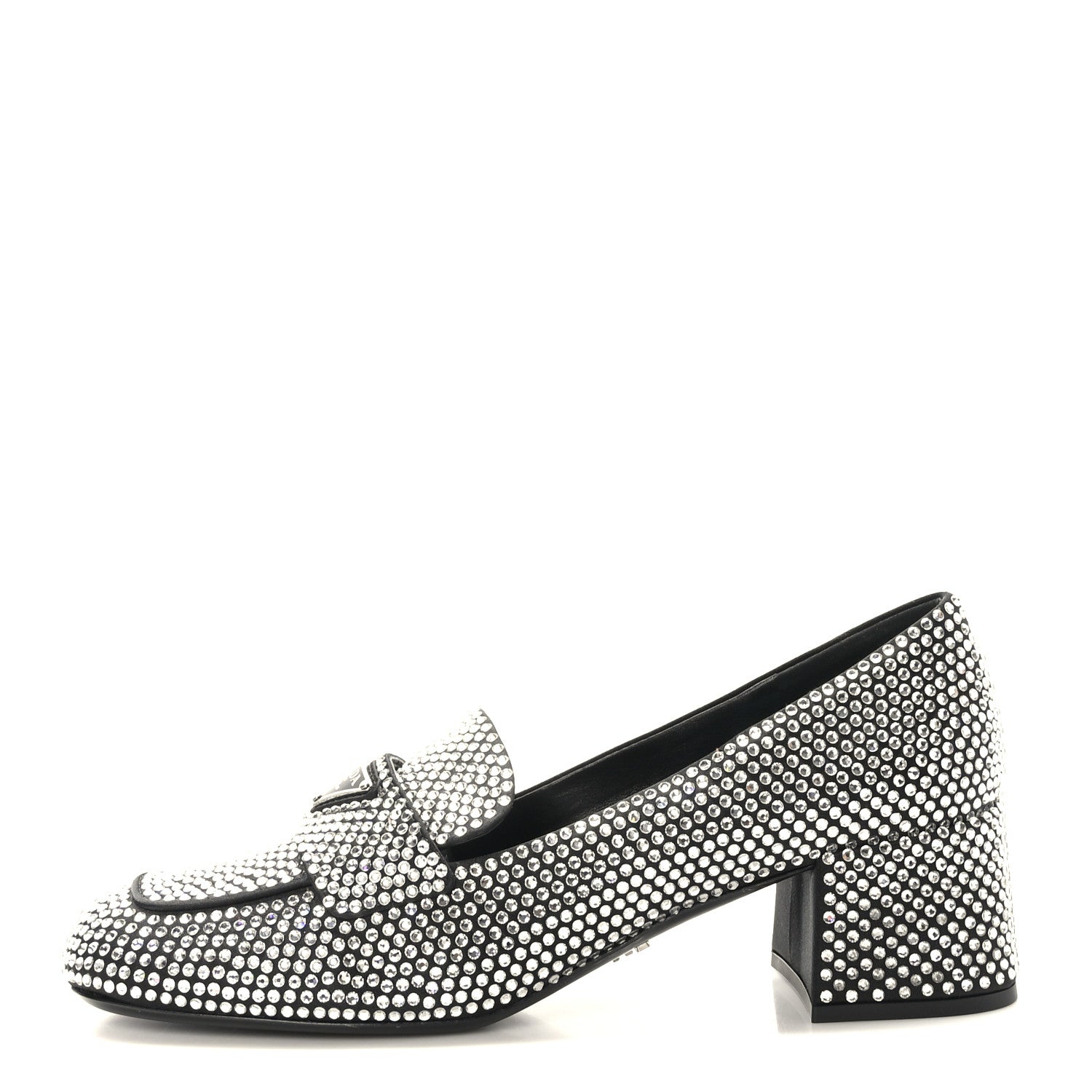 Prada Satin Crystal Embellished Womens Metal Triangle Logo 50mm Loafers 37.5 Crystal 1 of 8