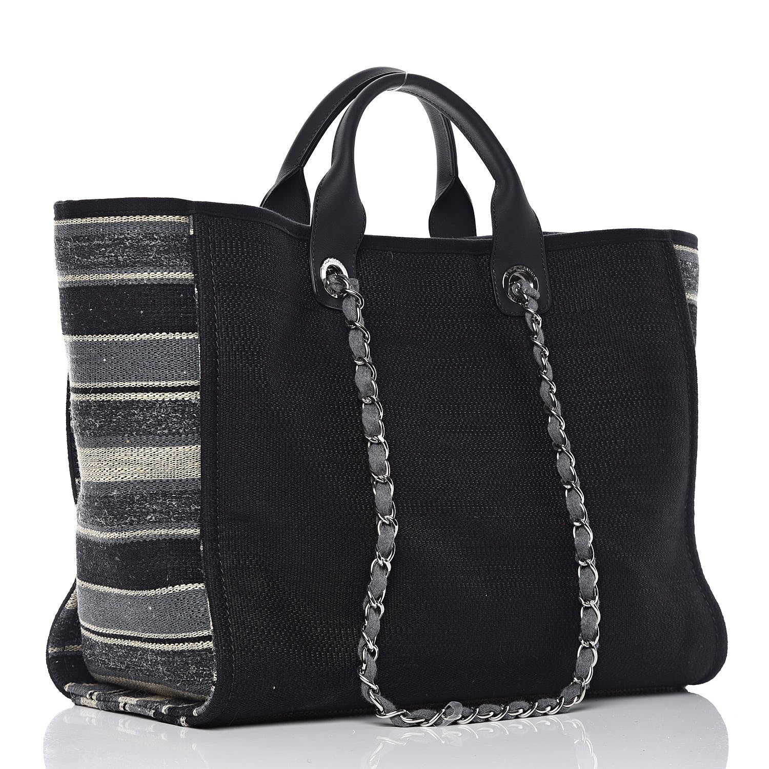 Chanel Striped Canvas Medium Deauville Tote Grey Black 3 of 9