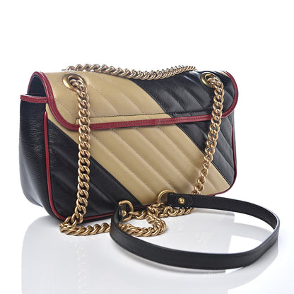 Gucci Vintage Effect Calfskin Matelasse Diagonal Striped Small Torchon GG Marmont Shoulder Bag Black Beige 2 of 9