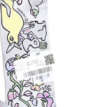 Hermes Silk Mille Et Un Lapins Twilly Gris Perle Rose Jaune 3 of 3