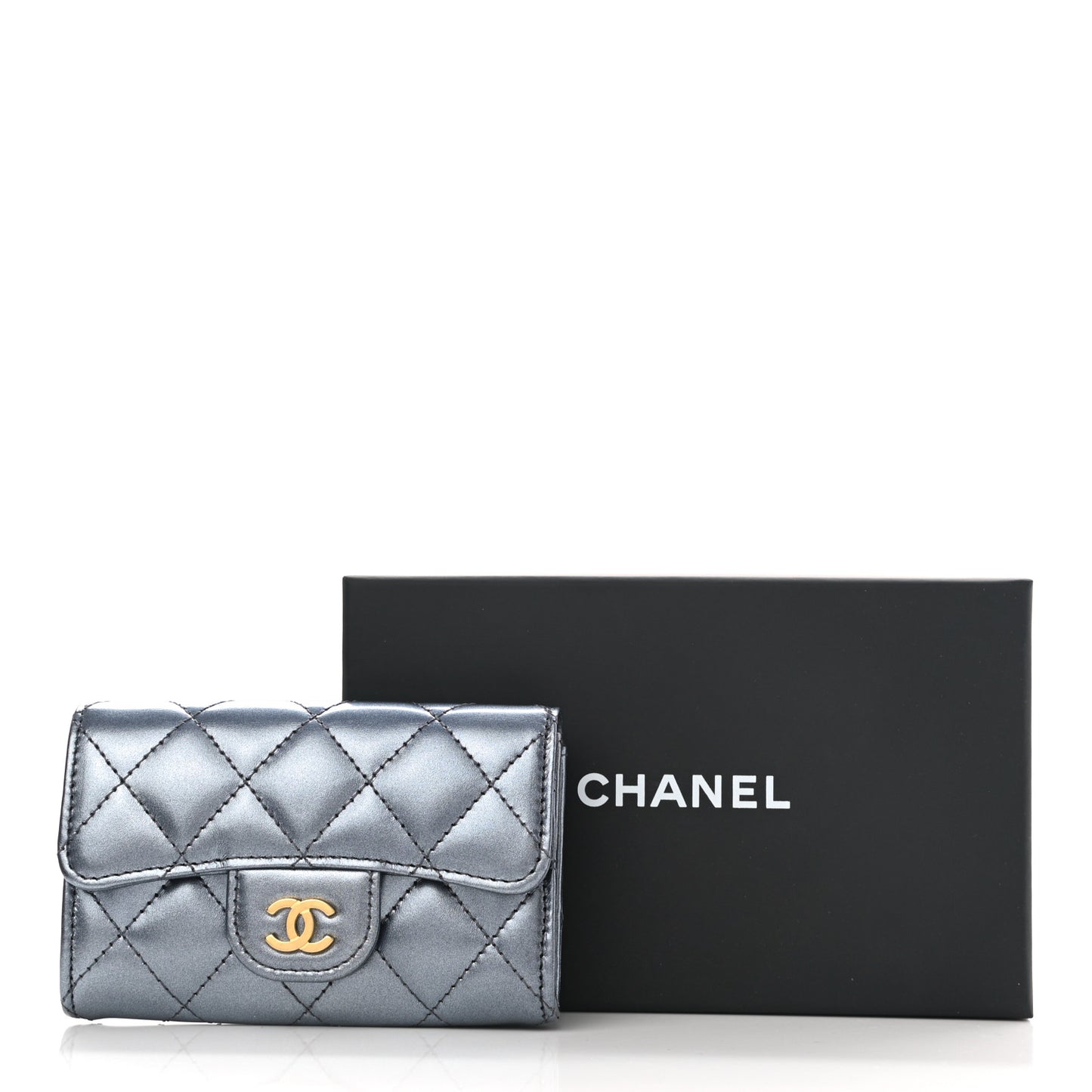 Metallic Lambskin Quilted Flap Card Holder Wallet Dark Blue