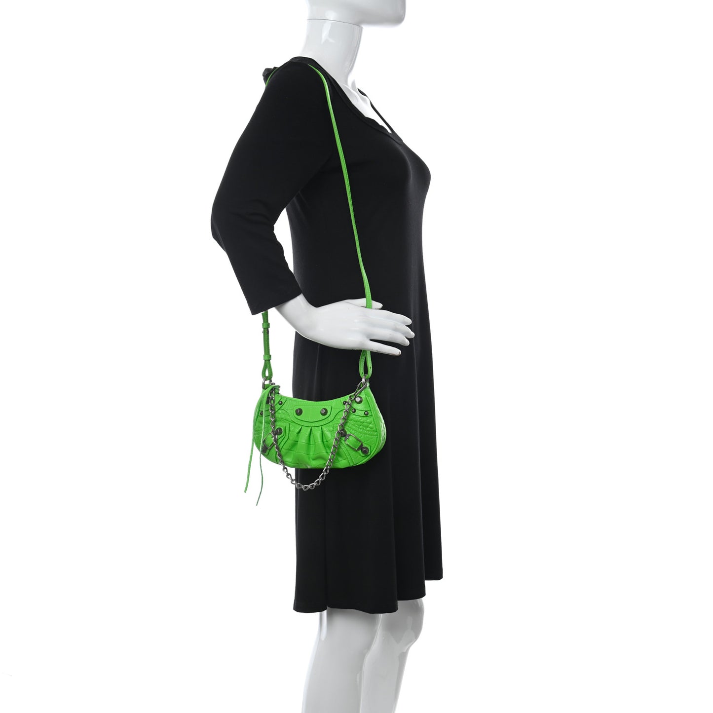 Extra Supple Calfskin Crocodile Embossed Le Cagole Mini Purse With Chain Acid Green