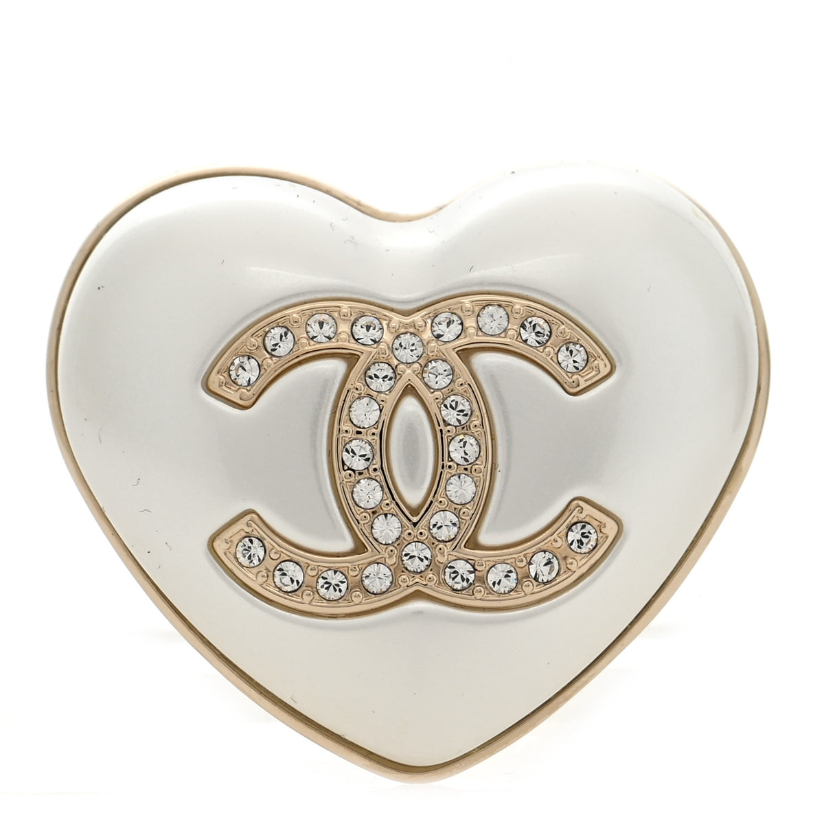 Chanel Resin Crystal CC Heart Brooch Pearly White Gold 1 of 4
