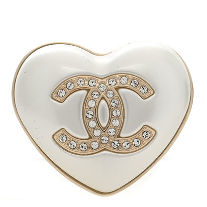 Chanel Resin Crystal CC Heart Brooch Pearly White Gold 1 of 4