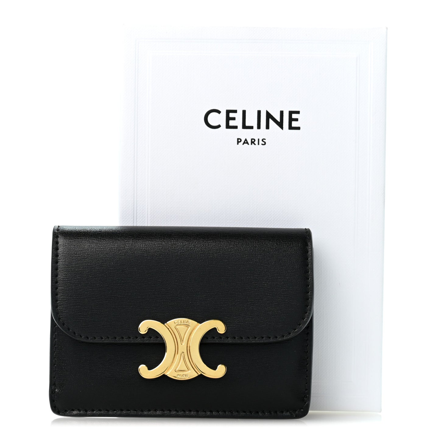 Shiny Calfskin Triomphe Flap Card Holder Black