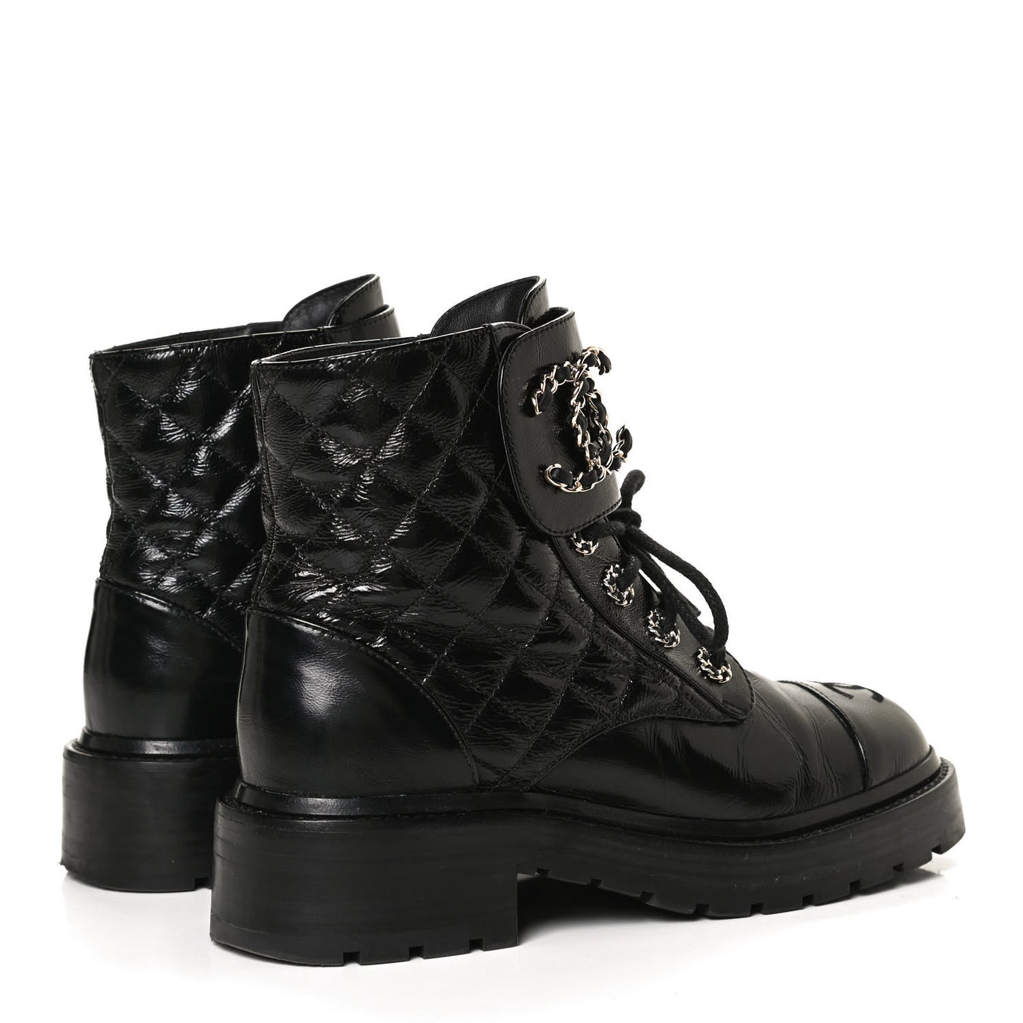 Shiny Calfskin Quilted Lace Up Combat Boots 35.5 Black