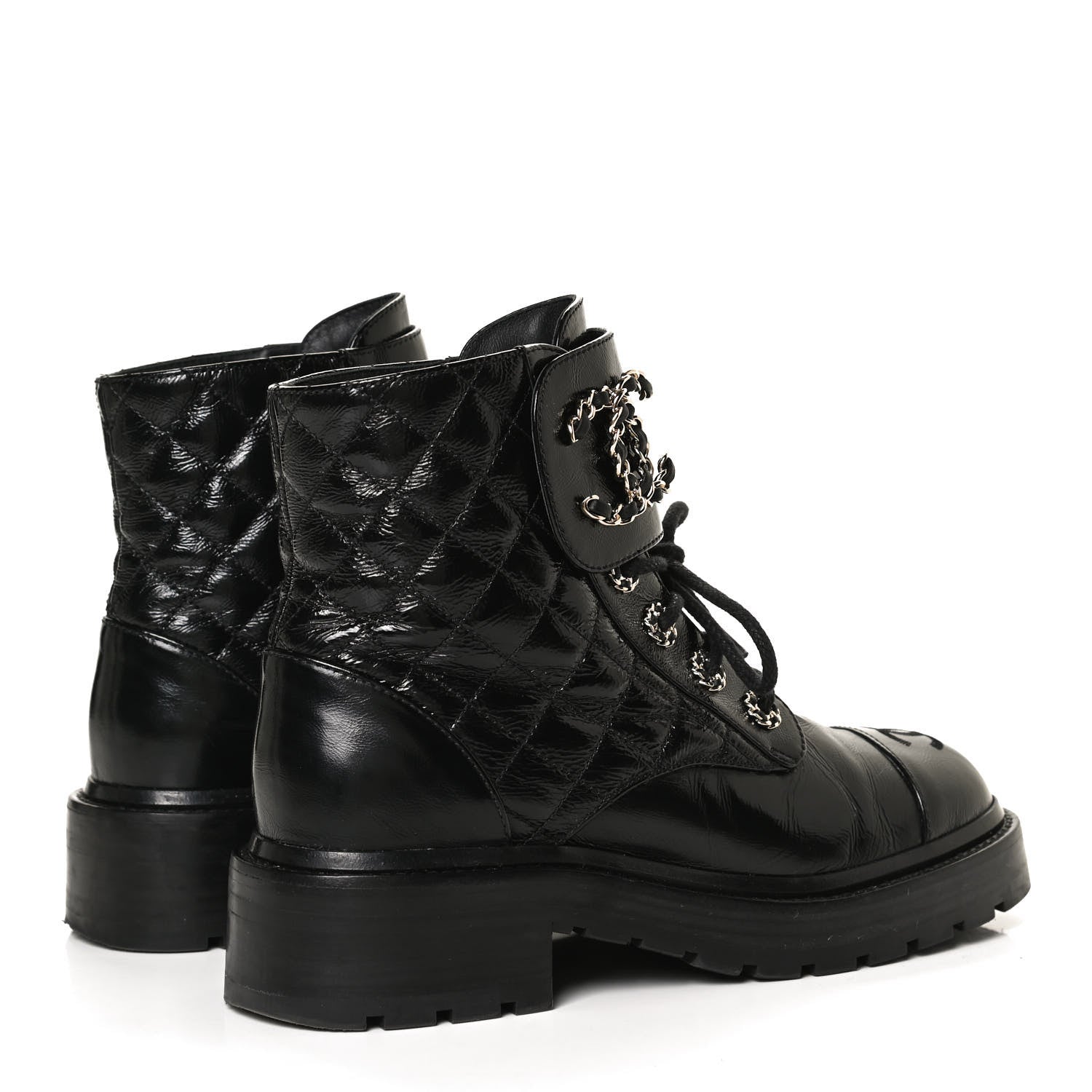 Chanel Shiny Calfskin Quilted Lace Up Combat Boots 35.5 Black 4 of 14