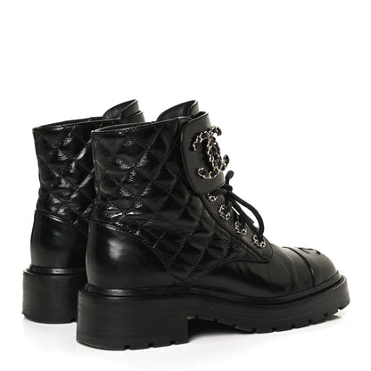 Chanel Shiny Calfskin Quilted Lace Up Combat Boots 35.5 Black 4 of 14