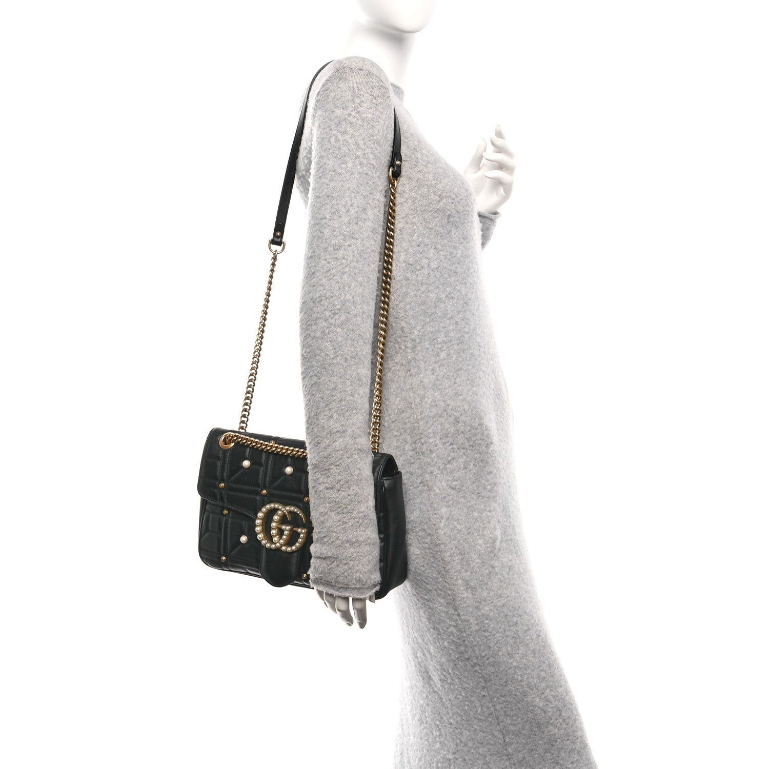 Gucci Calfskin Matelasse Studded Medium Pearly GG Marmont Shoulder Bag Black 2 of 10