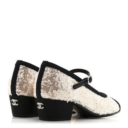 Chanel Glittered Tulle Sequin Grosgrain Cap Toe CC Mary Jane Pumps 36.5 Light Pink Black 6 of 10