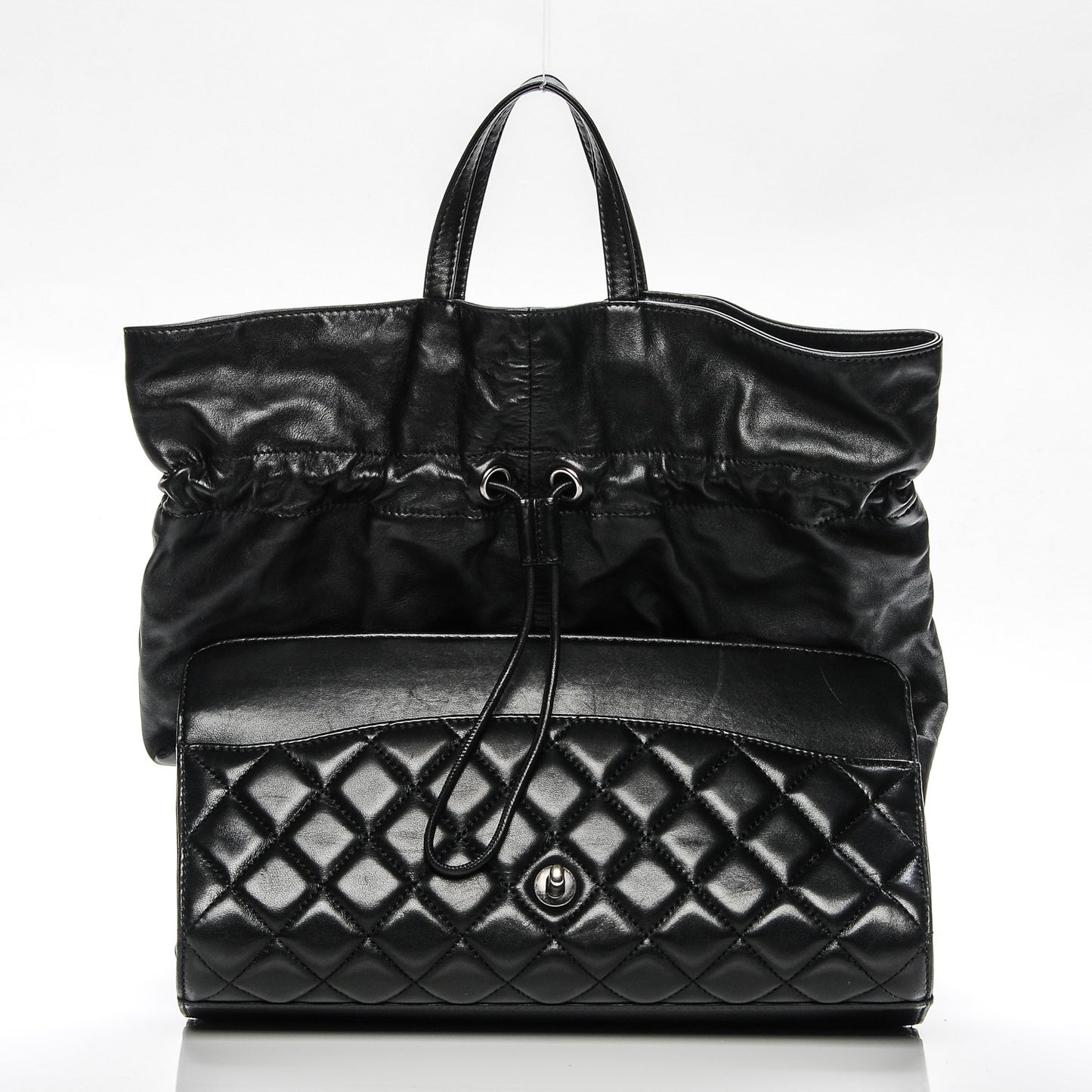 Lambskin Quilted Jumbo Grocery By Chanel Drawstring Shopping Bag Black