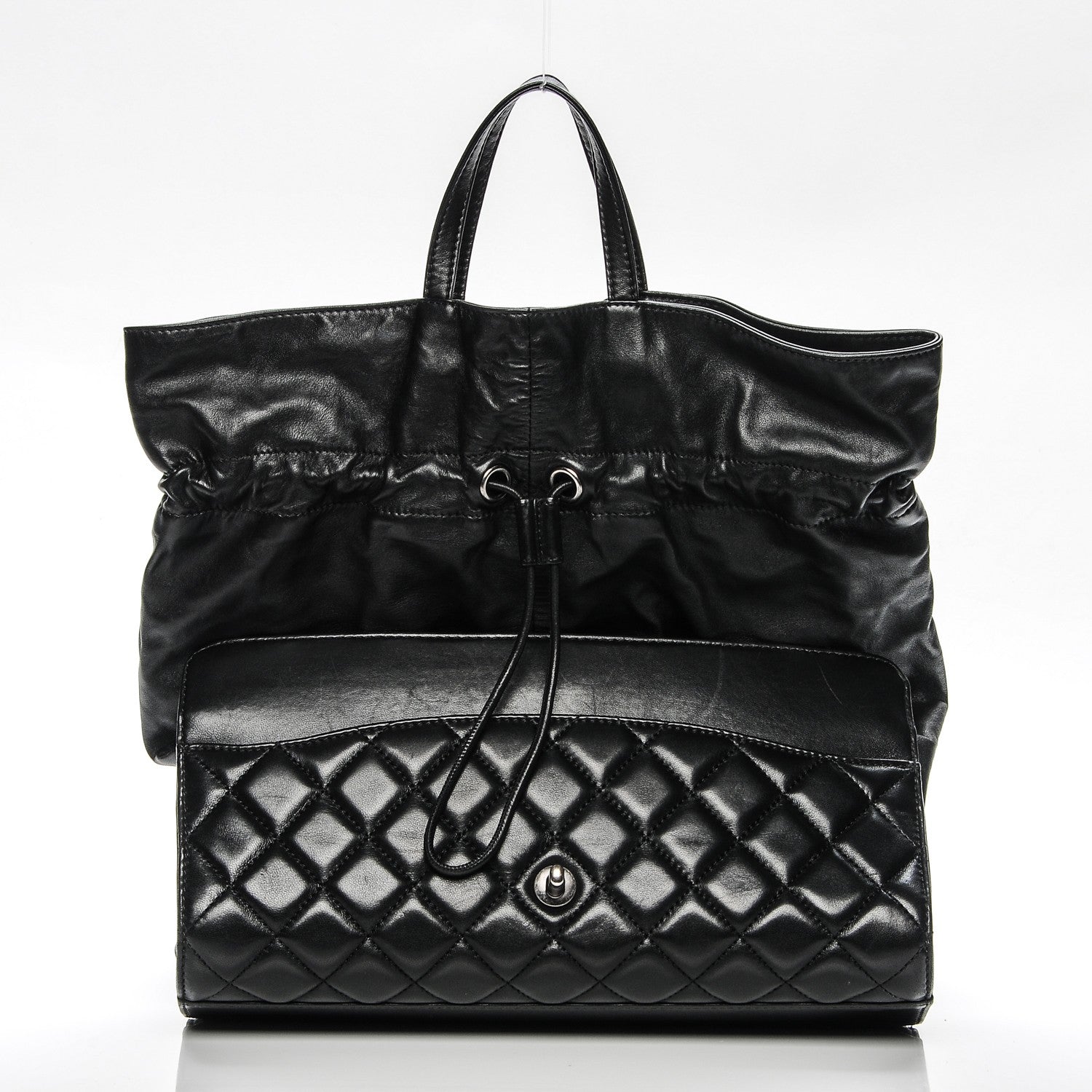 Chanel Lambskin Quilted Jumbo Grocery By Chanel Drawstring Shopping Bag Black 6 of 8