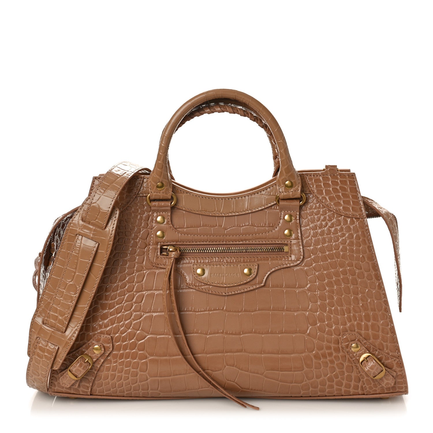 Balenciaga Shiny Supple Calfskin Crocodile Embossed Neo Classic Gold Hardware City Nude Beige 1 of 9