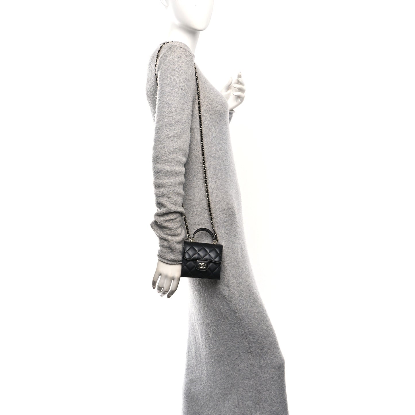 Lambskin Quilted Top Handle Flap Clutch With Chain Black