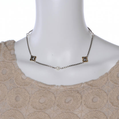 David Yurman Sterling Silver 18K Yellow Gold Pearl 14mm Quatrefoil Station Necklace 2 of 5