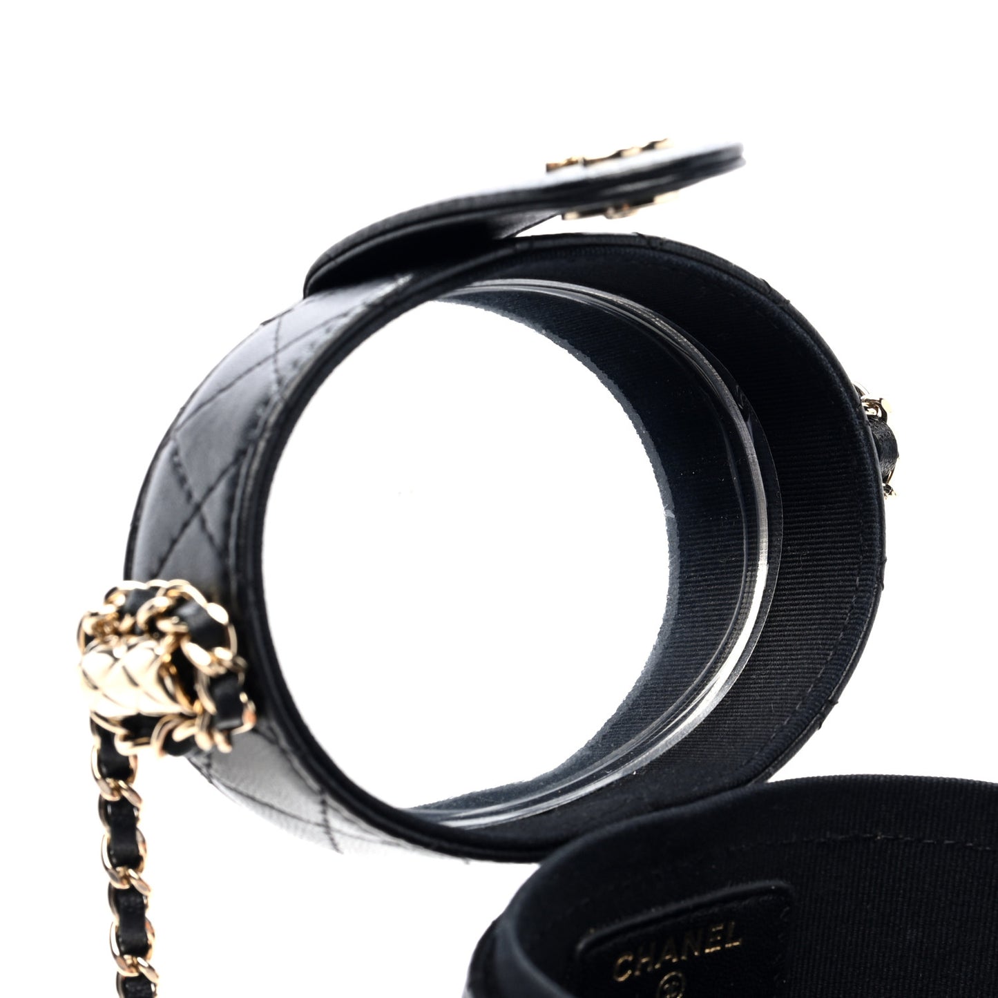 Lambskin Quilted Mini Round Vanity Case With Chain Black