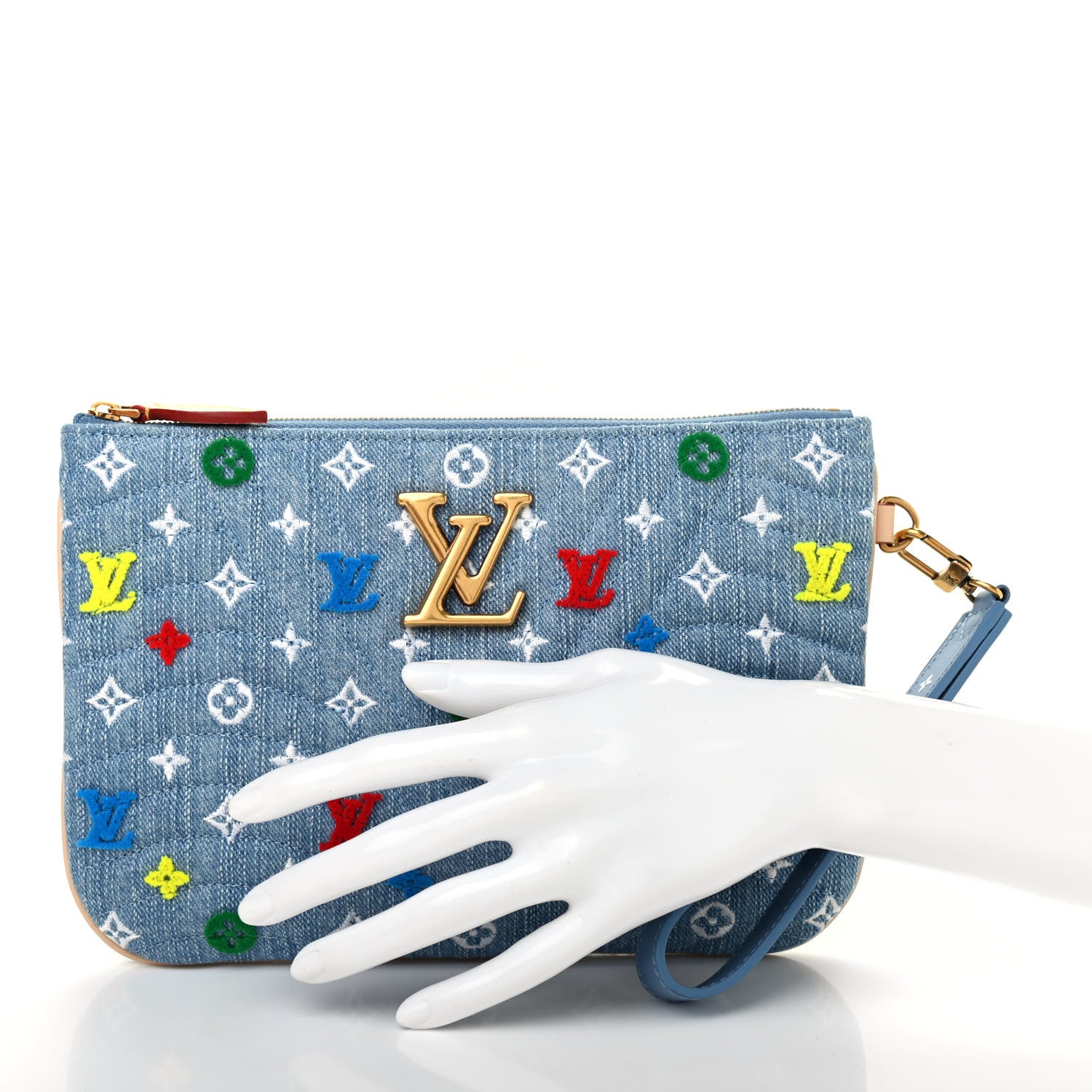 Louis Vuitton Embroidered Monogram Denim New Wave Zipped Pochette Blue 2 of 7