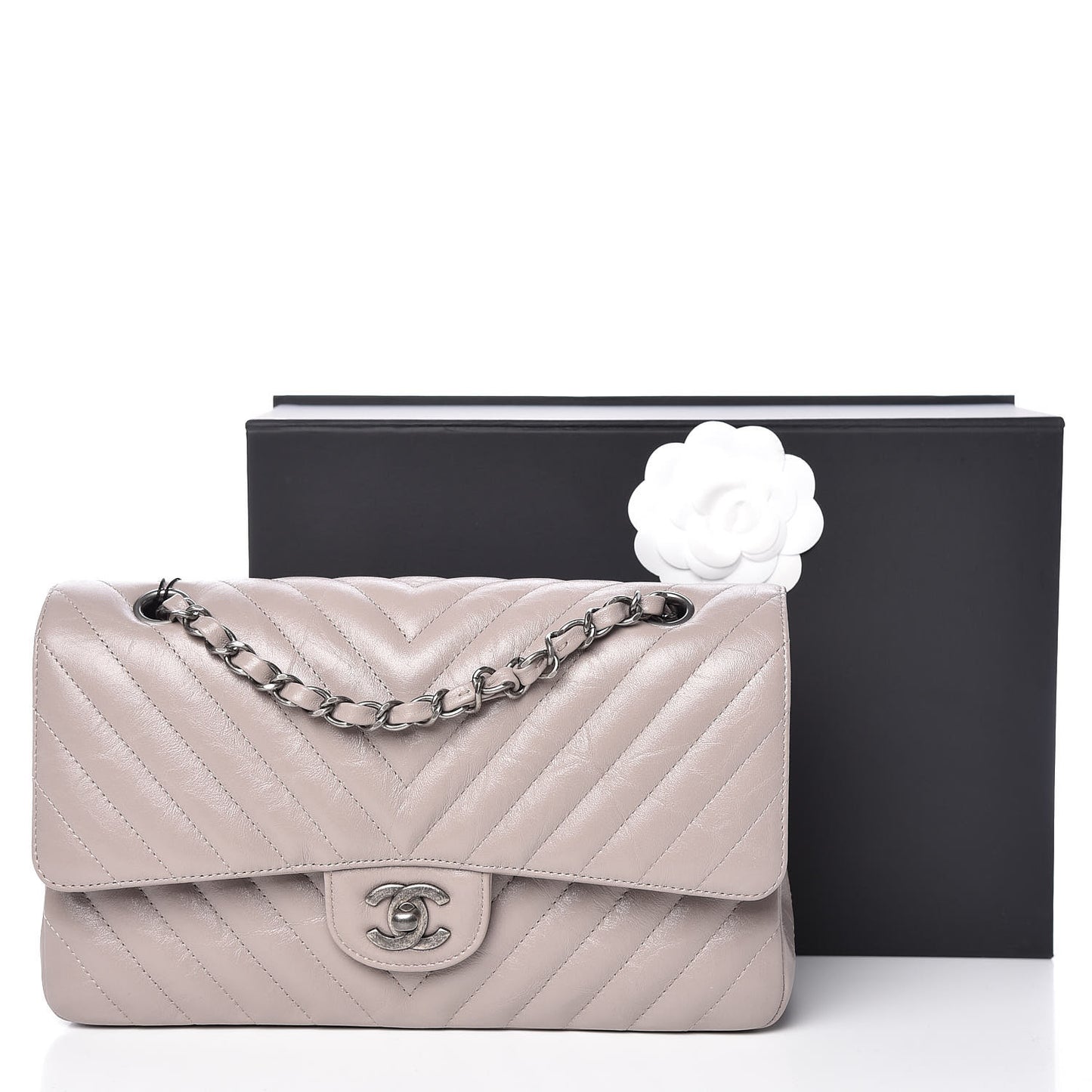 Calfskin Chevron Quilted Medium Double Flap Grey