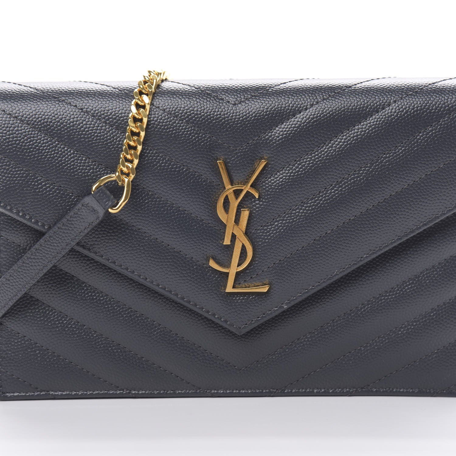 Saint Laurent Grain De Poudre Matelasse Chevron Monogram Envelope Chain Wallet Dark Smog 8 of 11