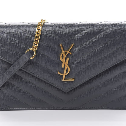 Saint Laurent Grain De Poudre Matelasse Chevron Monogram Envelope Chain Wallet Dark Smog 8 of 11