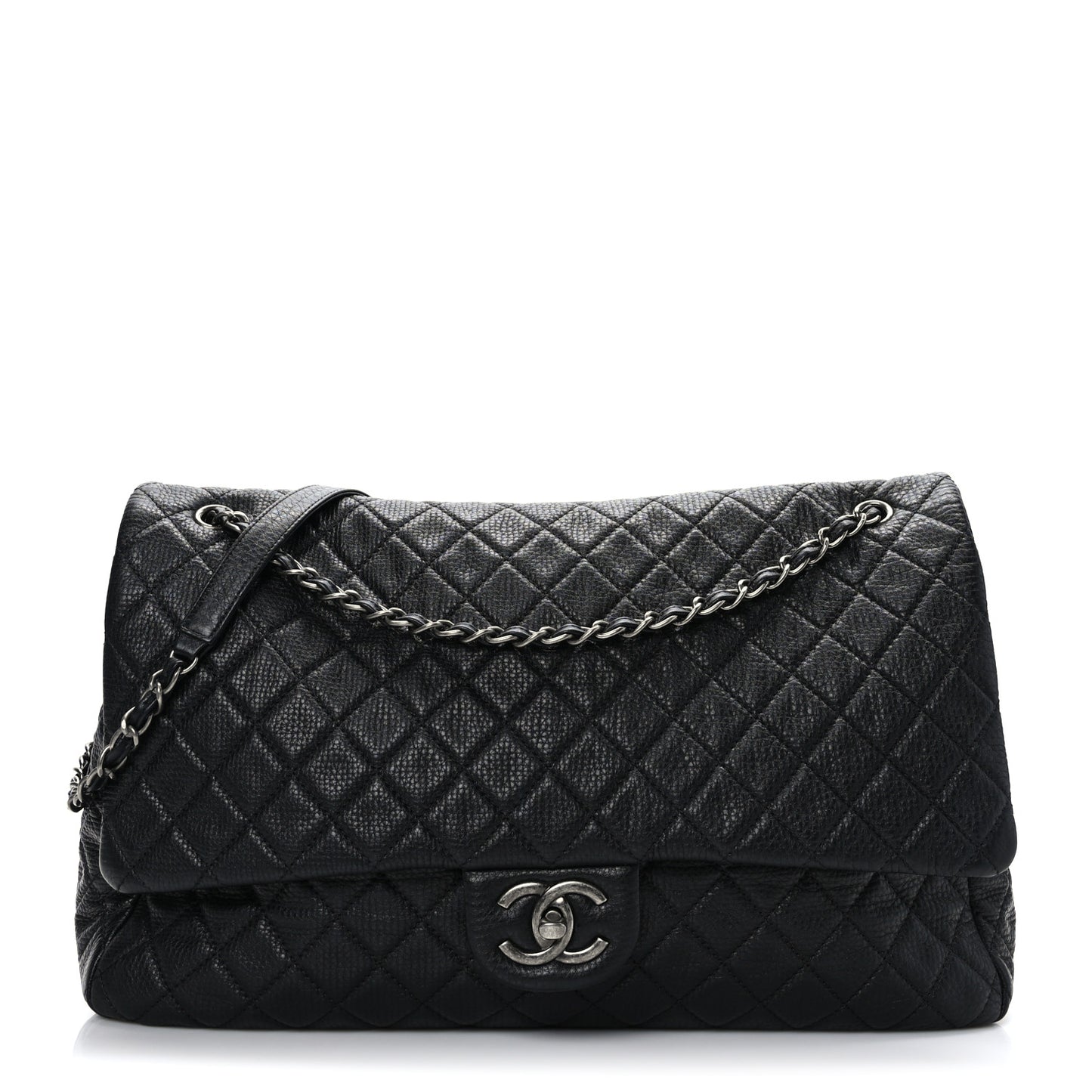 Calfskin Quilted XXL Travel Flap Bag Black