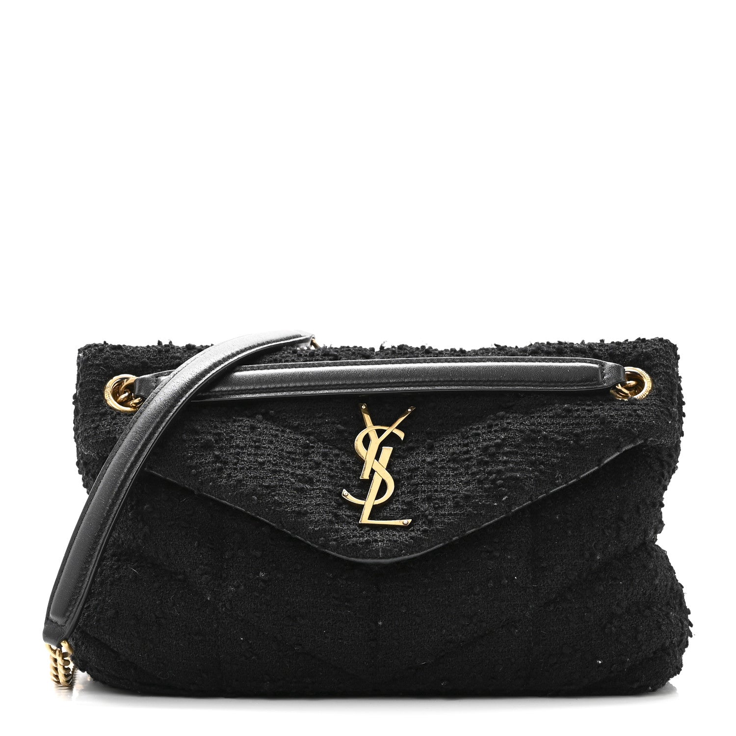 Saint Laurent Boucle Tweed Quilted Small Loulou Puffer Monogram Chain Satchel Black 1 of 10