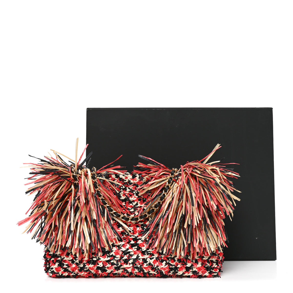 Raffia Fringe Mini Shopping Bag Red Light Beige Black