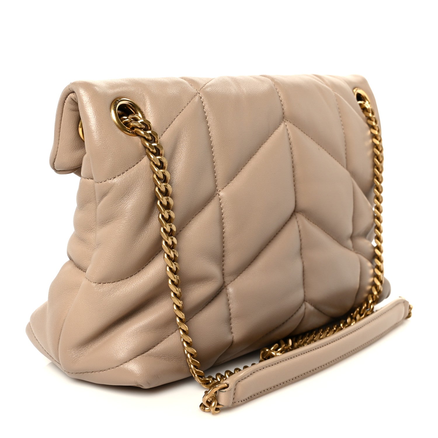 Saint Laurent Lambskin Quilted Small Loulou Puffer Monogram Chain Satchel Dark Beige 3 of 11