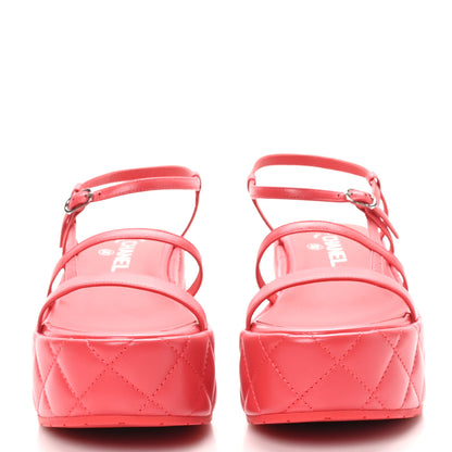 Chanel Calfskin Quilted Wedge Logo Sandals 37 Red 3 of 10