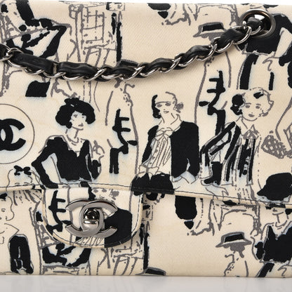 Chanel Canvas Printed Medium Double Flap Black White 9 of 17