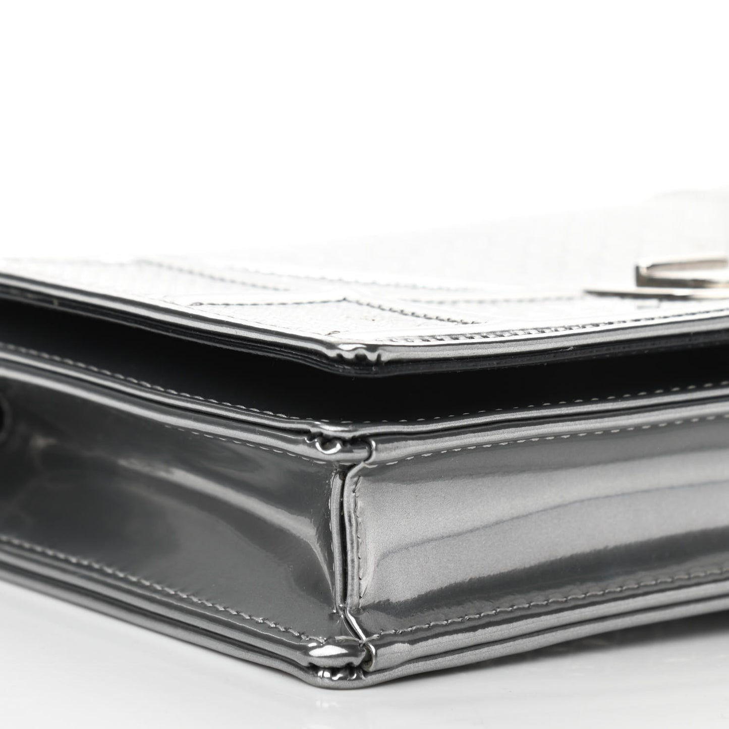 Metallic Patent Micro-Cannage Diorama Wallet on Chain Pouch Silver