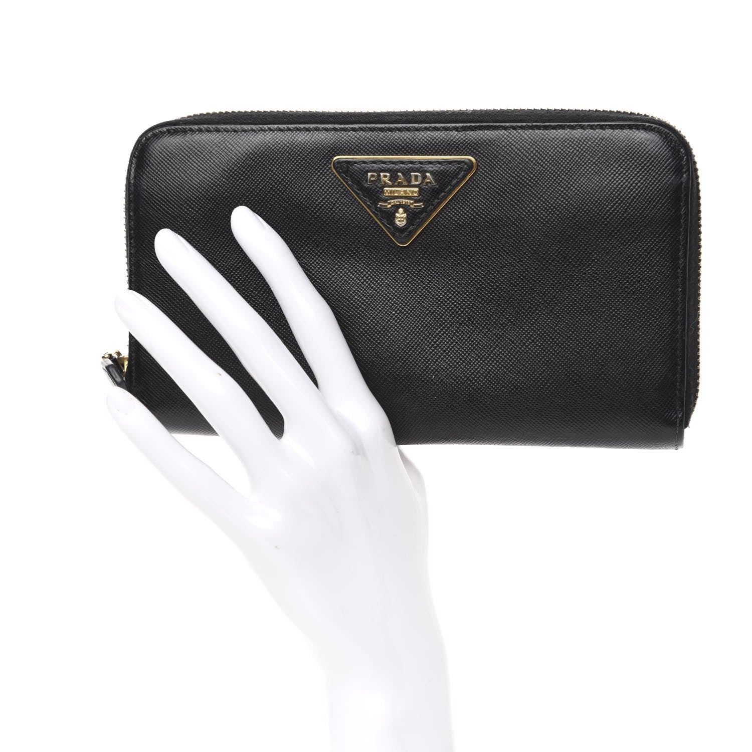 Prada Saffiano Triangle Zip Around Wallet Black 2 of 11