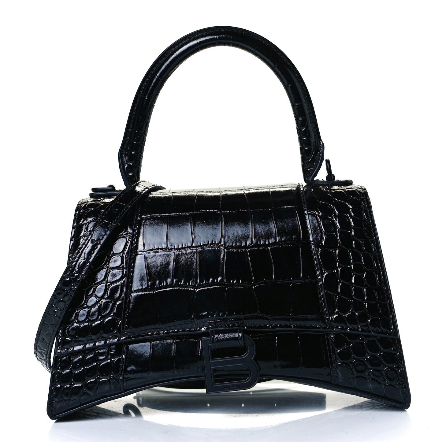 Shiny Calfskin Monochrome Crocodile Embossed Small Hourglass Top Handle Bag Black