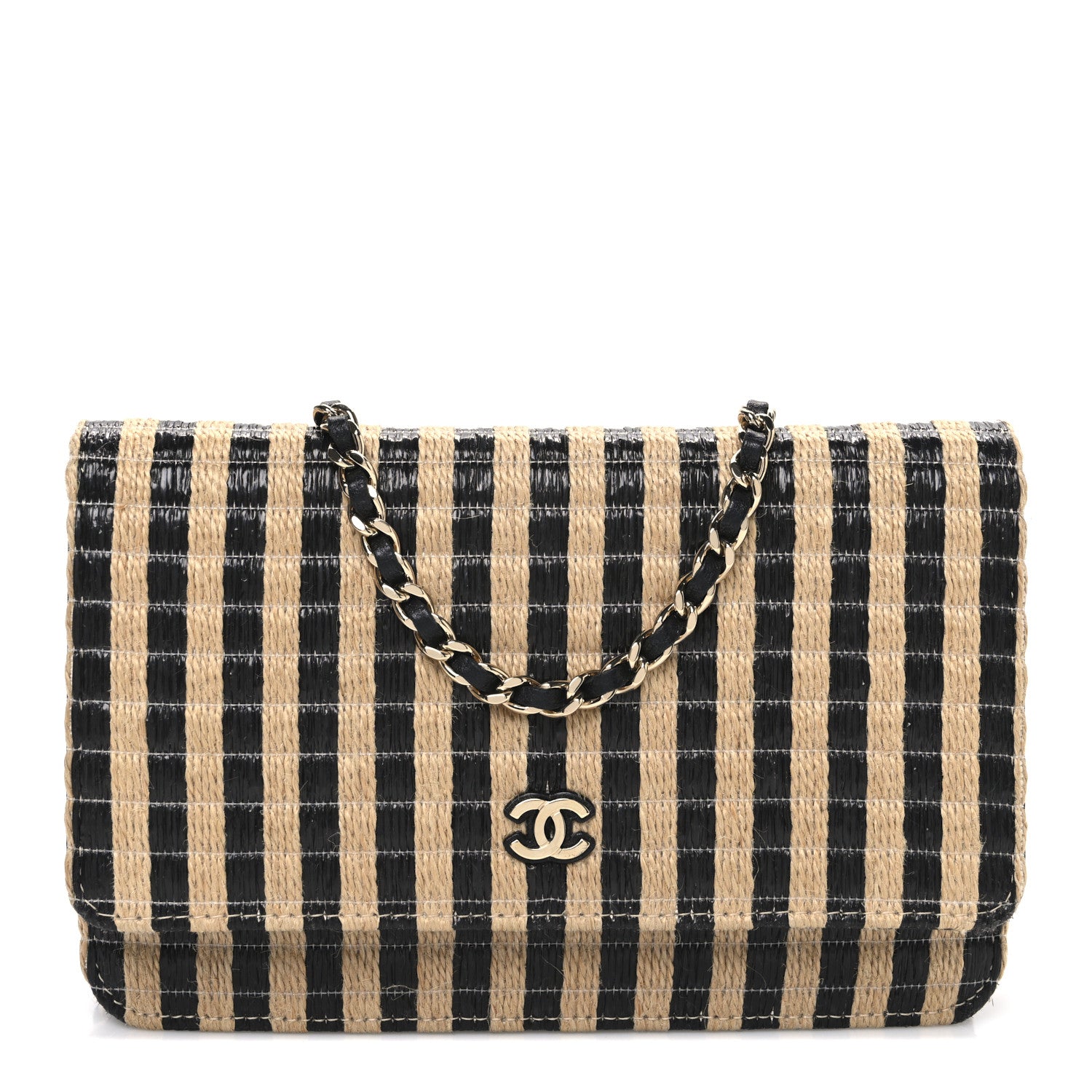 Chanel Raffia Jute Striped Urban Jungle Wallet On Chain WOC Black Beige 1 of 11