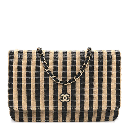 Chanel Raffia Jute Striped Urban Jungle Wallet On Chain WOC Black Beige 1 of 11