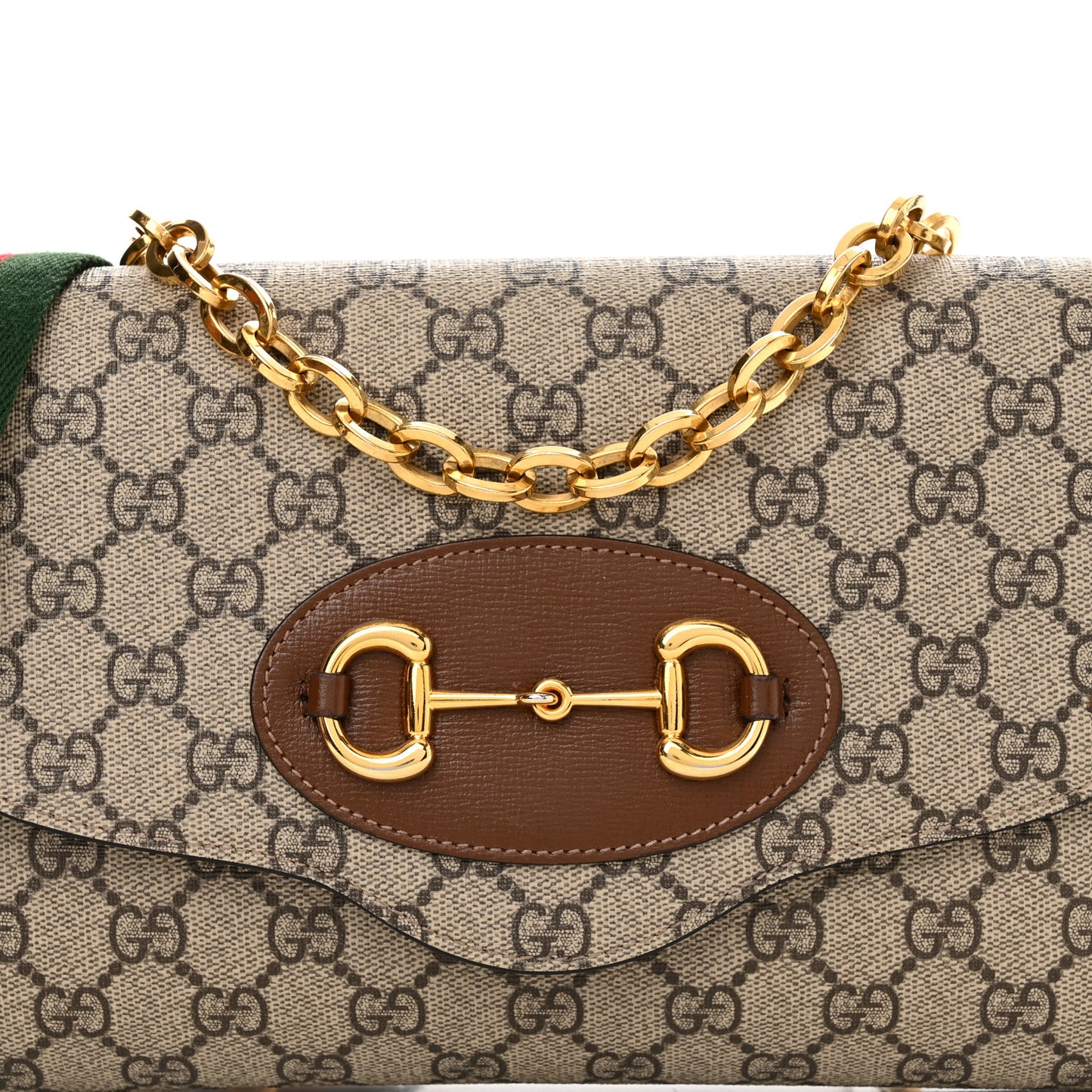 GG Supreme Monogram Azalea Calfskin Web Small Horsebit 1955 Crossbody Bag Beige Ebony Brown Sugar